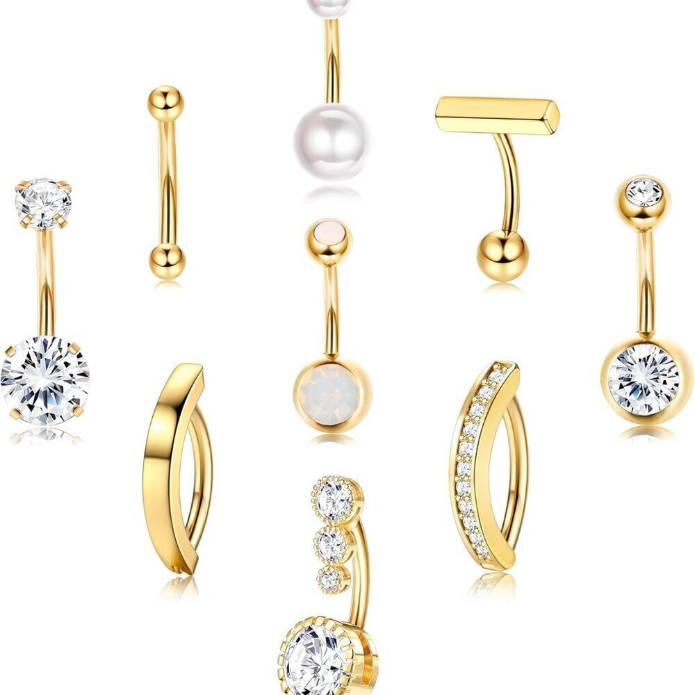 9 Pcs Gold Belly Button Ring Set Surgical Steel CZ Pearl Clicker Jewelry